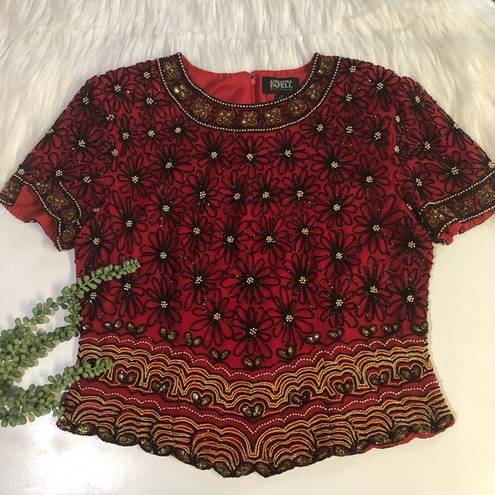 Adrianna Papell Boutique Red Silk Beaded Blouse | Sise Large