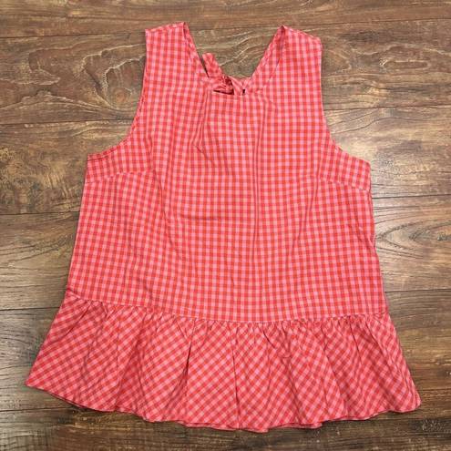 J.Crew  Red Pink Plaid Sleeveless Ruffle Hem Blouse Tie Back Tank Top Women L