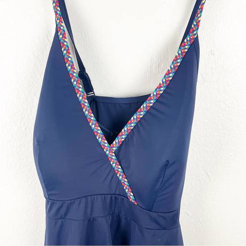 Cacique  Swim Navy Blue Ruffles Adjustable Straps Built In Bra Tankini, Size 28