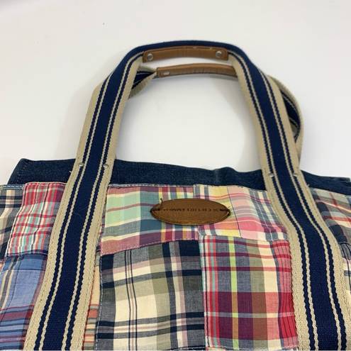 Tommy Hilfiger  Vintage Blue Canvas Denim Plaid Tote Bag