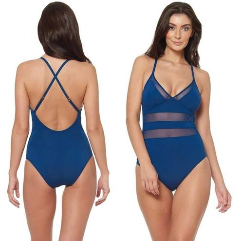 Bleu Rod Beattie  Mesh-Trimmed Cross-Back One-Piece Swimsuit Marine Blue Size 10