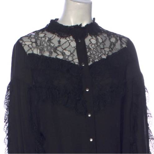 Alexis  Silk Lace Trim Mock Neck Blouse with Faceted Buttons Black Size L