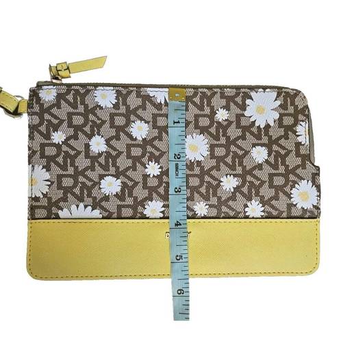 DKNY  Logo Wristlet Pouch Clutch Zipper Bag Daisies Saffron Leather Yellow Brown