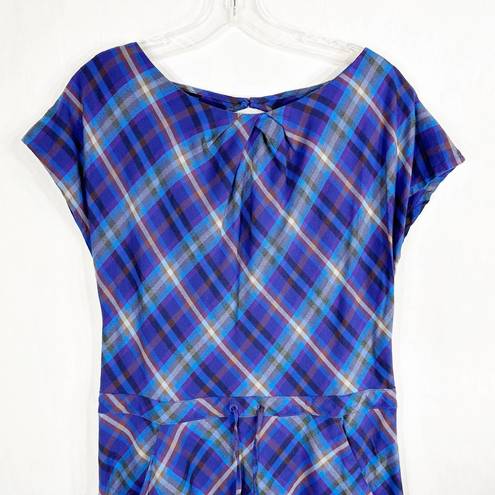 Patagonia  Size 6 Dress Blue Purple Plaid Midi Long Short Sleeve Shift 1135