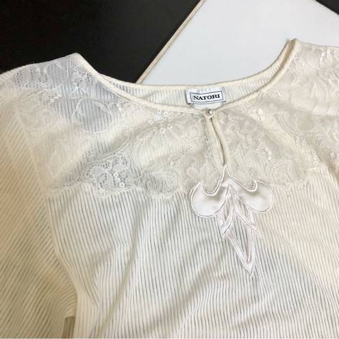 Natori Vintage 80s 90s  Sheer Lace Top Button Scoop Neck Cream Ivory White Small