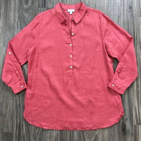 J.Jill  Love Linen Red Long Sleeve Roll Tab Button Blouse Size Large Petite