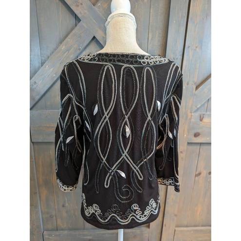 a.gain Once  Shirt Top Blouse Women's Large Black White Embroidered V-Neck