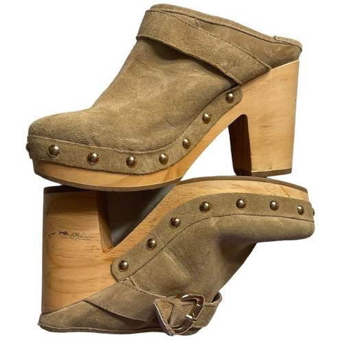 Steve Madden  Hilde Boho Tan Suede Leather Bohemian Wood Block Heel Clogs