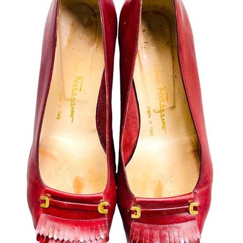 Salvatore Ferragamo Vintage  Red Leather Slip On Dress Shoes With Tassle Fringe S