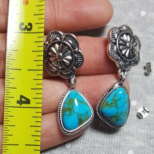 Vintage women silver plated Turquoise Dangle Drop Hoop Earrings Blue