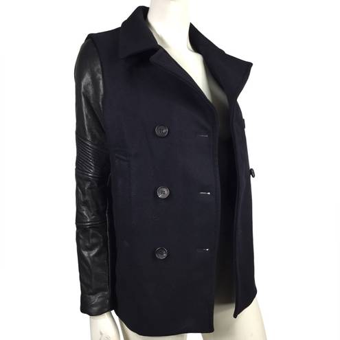 All Saints Zaskia Pea Coat Navy Wool Black Leather
Sleeves Double Breasted