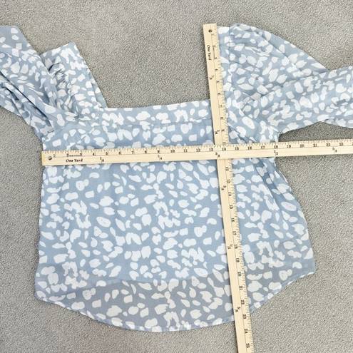 Petal Lucca  Print Square Neck Crop Blouse Blue White Large Long Balloon Sleeve