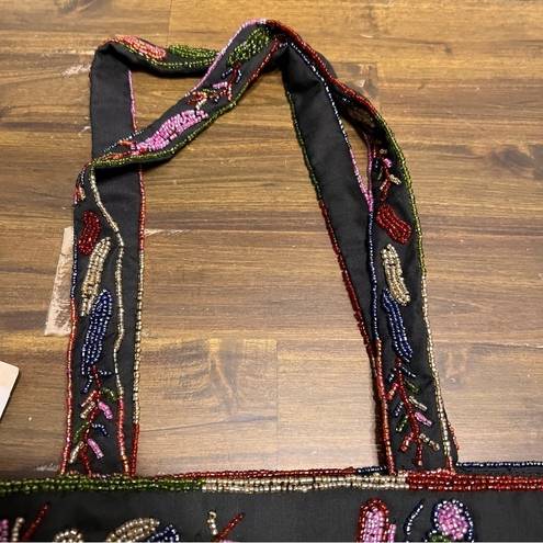 Hand Beaded Floral Botanical Tote Handbag Black Made in India