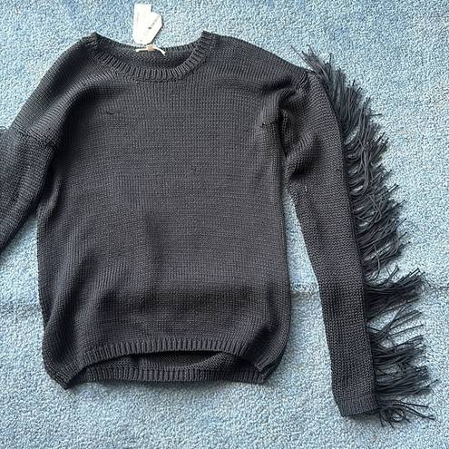 The Moon  & Meadow black sweater fringe along arms fun poly nwt slight pulls as pic