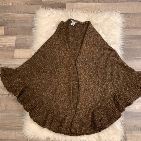 CAbi  #757 sweater knit ruffled shawl cape poncho wrap one size brown
