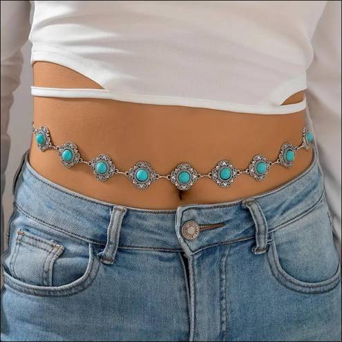 Boho Turquoise Waist Chain Vintage Adjustable Metal Chain Belt Western Faux Fashion Body Jewelry Silver