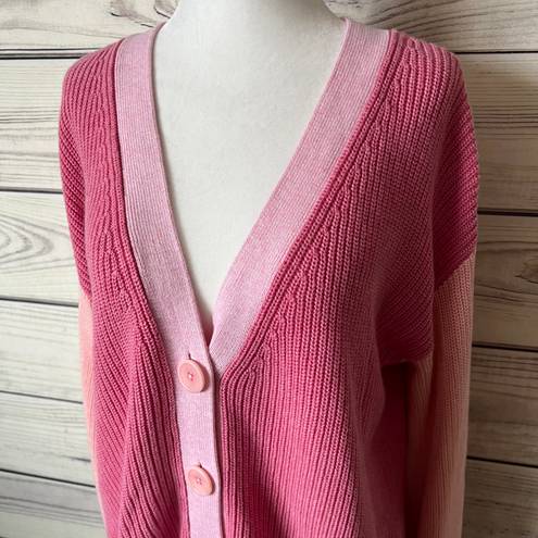 Talbots Pink Colorblock Shaker Stitch V Neck Button Down Cardigan Sweater