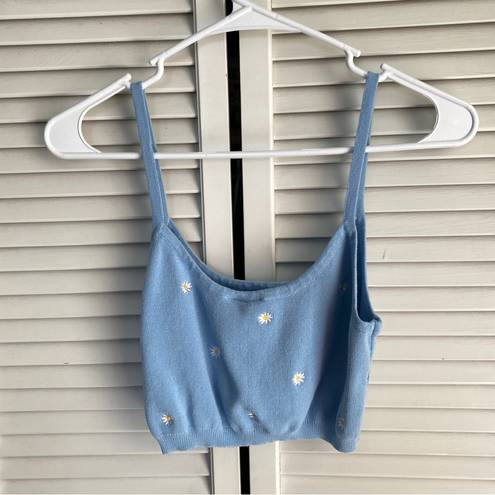 Sky And Sparrow  Sweater Tank Crop Top Blue With Daisies Medium