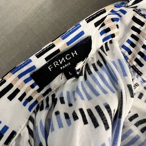 FRNCH  Paris Women's Abstract Print Tie Button Back Midi Sundress Blue/Black Sz L