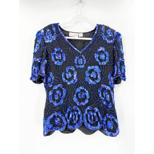 Laurence Kazar  Vintage Blue Black Sequin Floral Top 1X