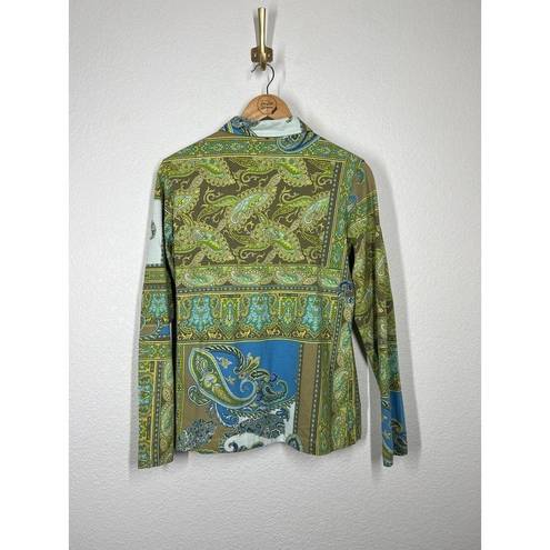 Polo Bogner Paisley Print Long Sleeve  Shirt Large L 3/4 Button Front Green Blue