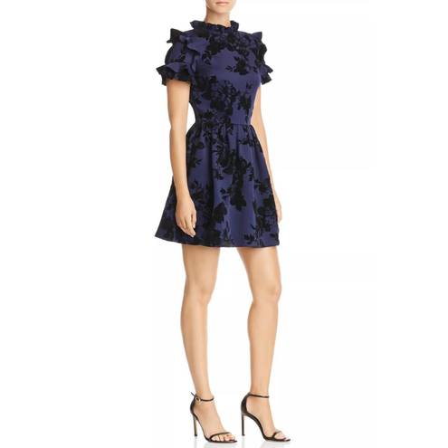 AQUA NWT  Floral Flocked Velvet Ruffle Sleeve Dress Navy Blue & Black