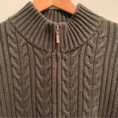 Lands'End Lands’ End Green Chunky Cable Knit Zip Up Mock Neck Sweater L 14-16 Regular