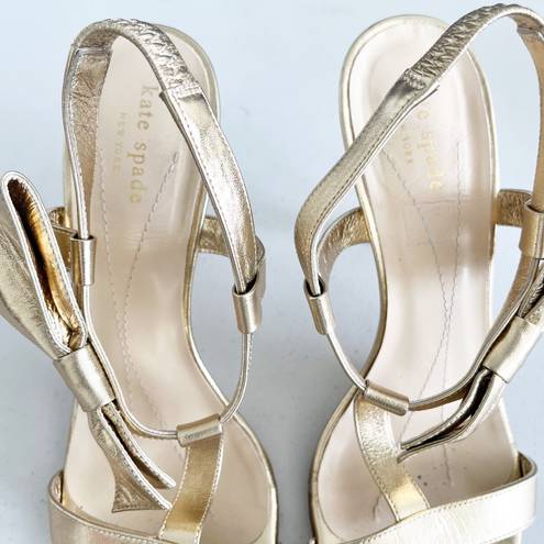 Kate Spade Gold Leather Bow Accent Open Toe Heels