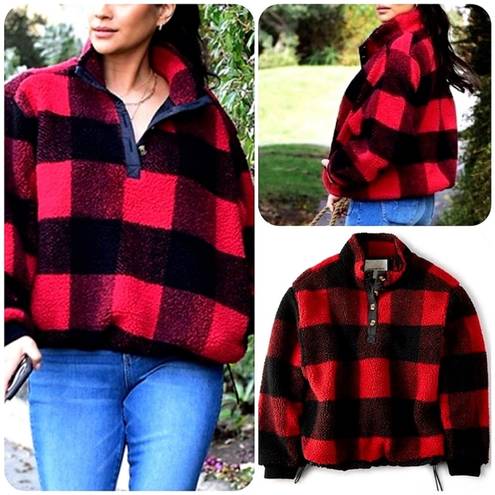 American Eagle  Oversized Sherpa Fleece Snap Pullover Jacket Buffalo Plaid Red