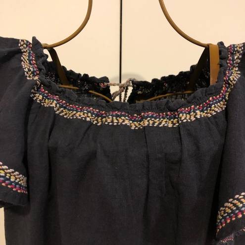 Ban Jara  Cotton Embroidered Navy Blue Boho Sheath Dress Women's Size S