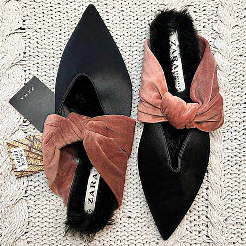 ZARA  NWT Satin Faux Fur Lined Mules Velvet Bow Detail Size‎ 37 SPECIAL EDITION
