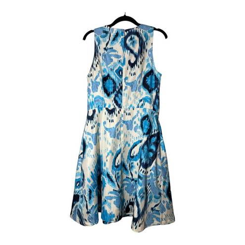 Donna Morgan  Sleeveless Fit Flare Dress Knee Length Blue Batik Print 8 Pockets