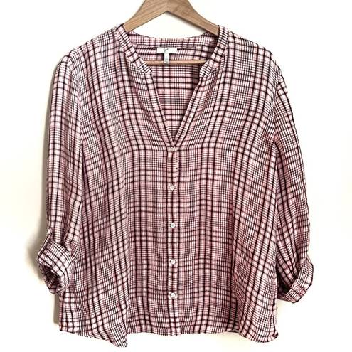 Joie  "Dane" 100% Soft Linen Pink Plaid Button Down Shirt Roll Tab Sleeves