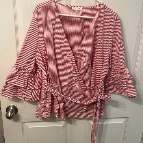 BeachLunchLounge Striped Faux Wrap Blouse with Ruffle Sleeves-XL SEE MEASUREMENTS