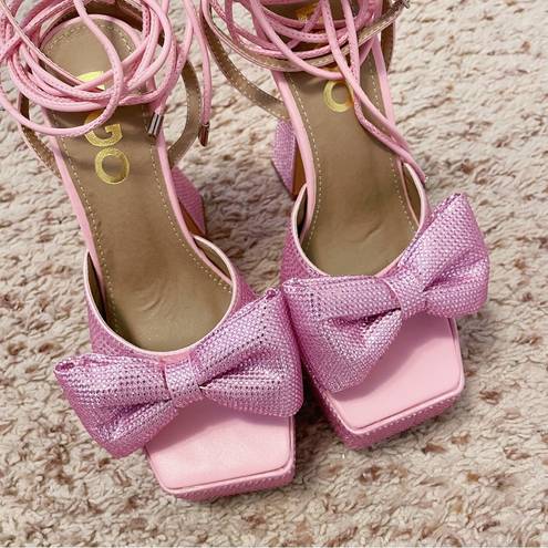 EGO Dolls Kill  Barbie Pink Taste Diamante Bow Square Platform Lace Up Sandals