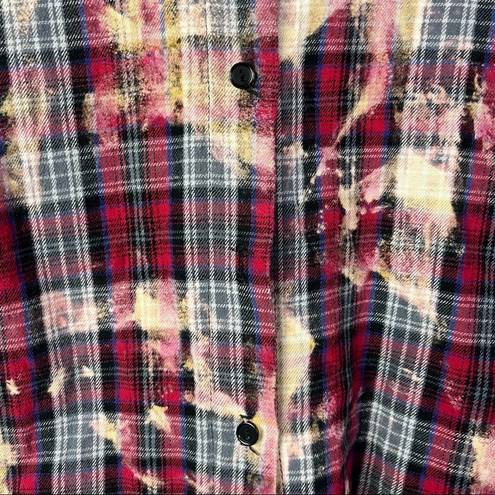 Vintage Havana  Red Plaid Bleach Dyed Button Down Flannel Happy Patch Back S