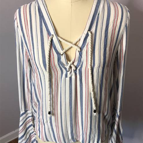 Vintage Havana Stripe Nautical Top with Rope Tie Front- Bell Sleeve- M