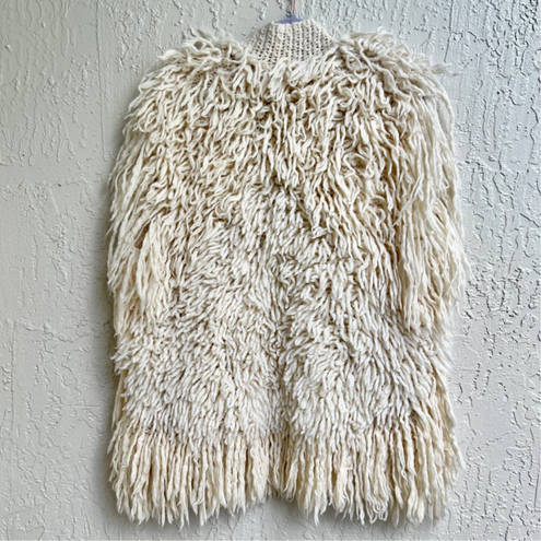 Rebecca Taylor 100%Wool Crochet Shaggy Open Front Cardigan Cream Womens Size M/L