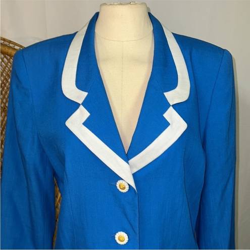 Oleg Cassini Vintage  Blazer Bright Blue Lapis White Trim Gold Lion Buttons sz