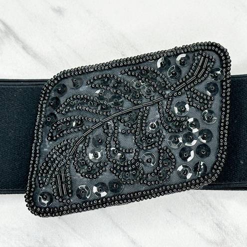 Buckle Black Floral Beaded  Stretch Cinch Belt Size Medium M Large L Womens