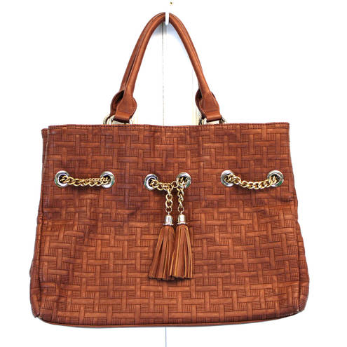 Big Buddha  Top Handle Tote Bag Basketweave Texture Brown Boho Tassel Travel