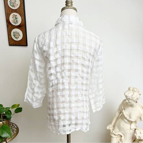 Coldwater Creek Woven Linen Windowpane Plaid Sheer Button Down Top Small