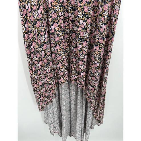 Wish U  Dress Women MEDIUM Pink Black Floral Print Ruffle Shoulder High Low