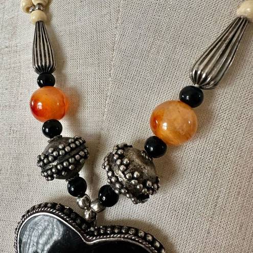 Onyx Tribal bone beaded carnelian and  heart pendant necklace