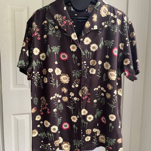 Orvis  Women Easy Blouse Floral Printed Short Sleeved Camp Brown Shirt, Size M