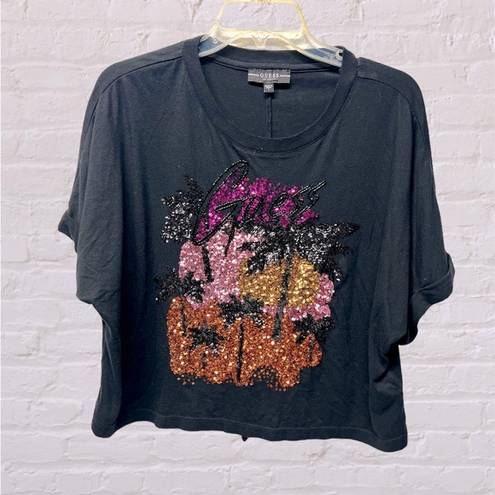 Guess  sunly crop tee with sequin palm trees in black orange and pink sz large