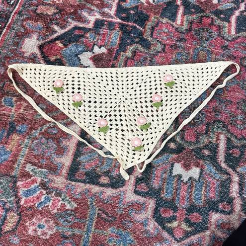 Head Cottage Core Crochet  Scarf with Flowers One Size Cream Pink Picnic Summer