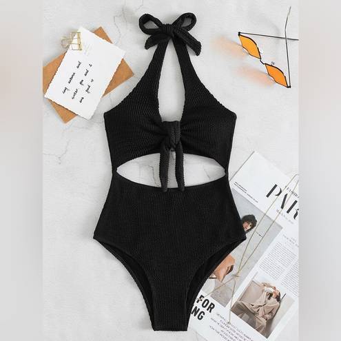 One Piece Black textured cut out halter  swimsuit