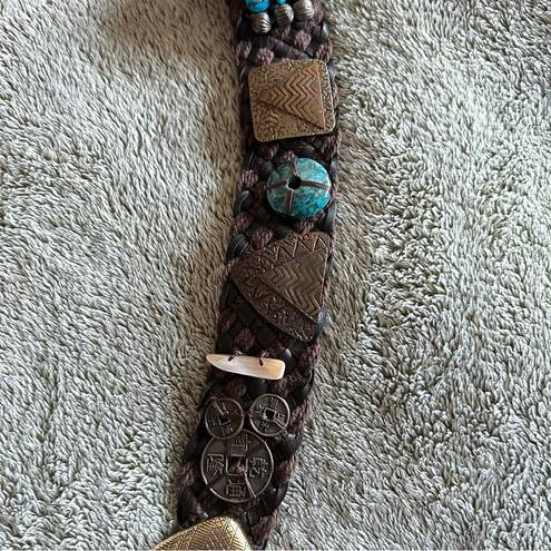 Chico's Genuine Leather Brown Braided Southwestern Turquoise Belt Size Large