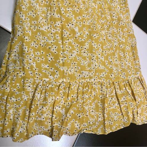 Wish Golden Bloom Floral Short Sleeve Dress V-Neck Ruffle Hem Mustard Yellow szL